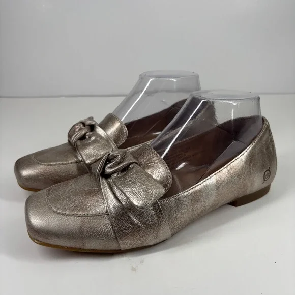 Born Carrine Women's US 7.5M Pewter Metallic Leather Bow Comfort Slip-On Loafers