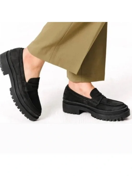 Portland Leather Patina Zoe Chunky Platform Black Suede Leather Loafer Lug Sole