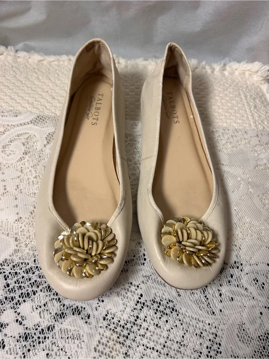 Talbots Cream Leather Flats with Beaded Floral Accent