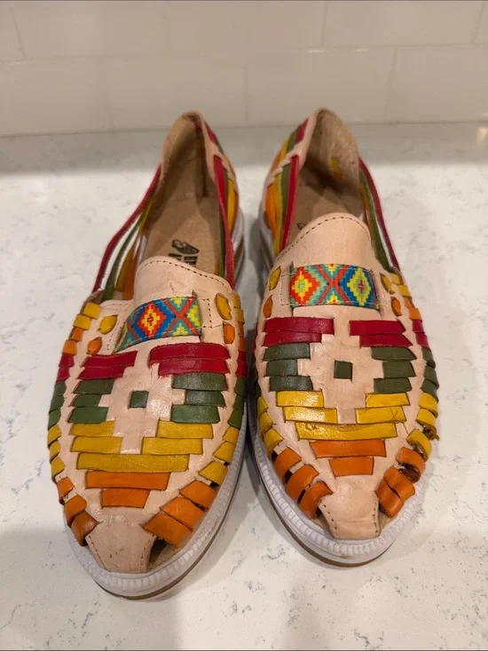Handwoven Rainbow Huarache Platform Slip-On Flats with Multicolor Accents Size 9
