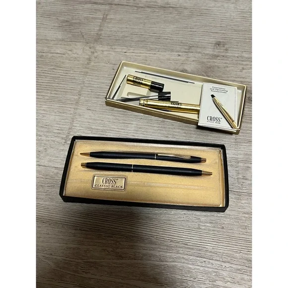 Cross Classic Black Pen and Pencil Set Matte Gold Trim Vintage with Box Refills‎