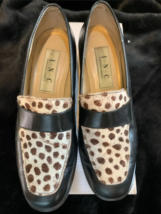 INC International Concepts Black Leather calf skin hairLoafers with Tan Insole