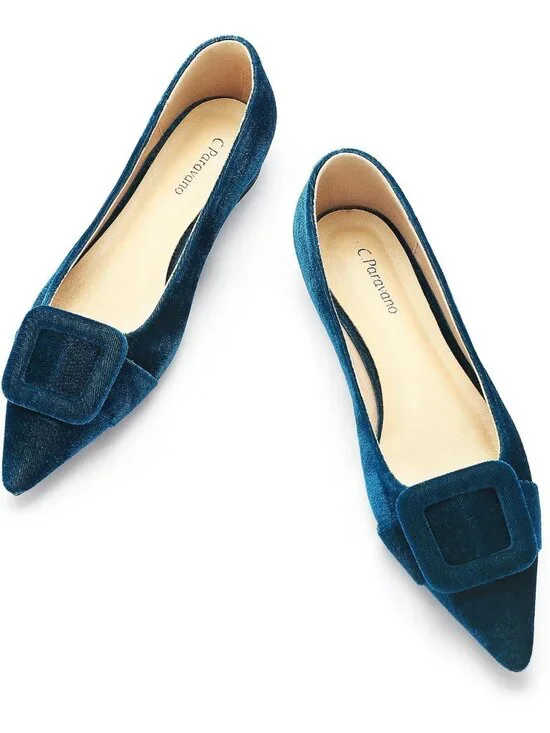 Women's Velvet Peacock Blue Pointed Toe Square Buckle Slip-On Comfortable Shoes