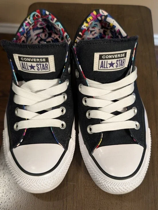 Converse Black Low Top Sneakers with Colorful Patterned Lining