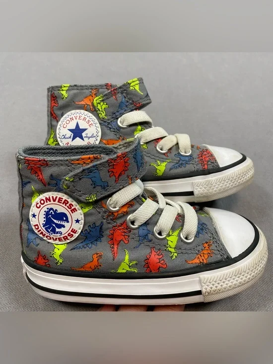 Converse Kids Gray High-Top Sneakers with Neon Dino Print