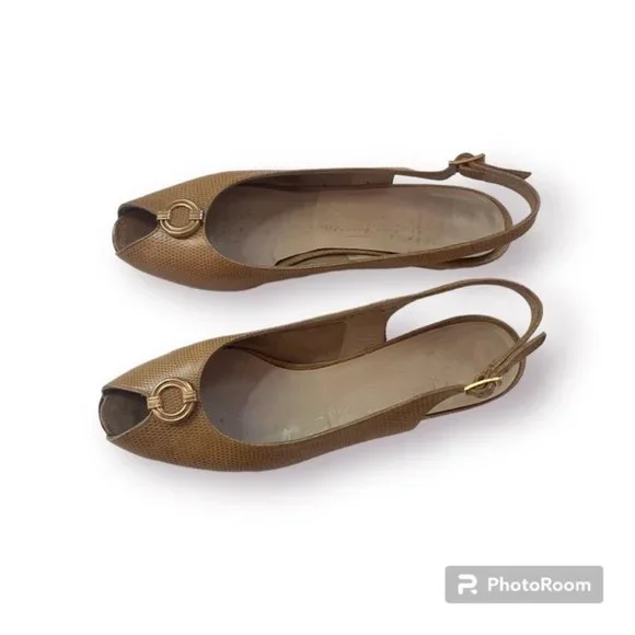 Vintage Salvatore Ferragamo Tan Kitten Heel Sling Backs 7.5
