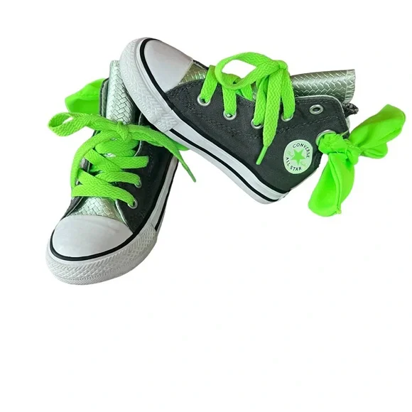 Converse All Star Silver Gray Bright Green Bows Girls Toddler High Top S…