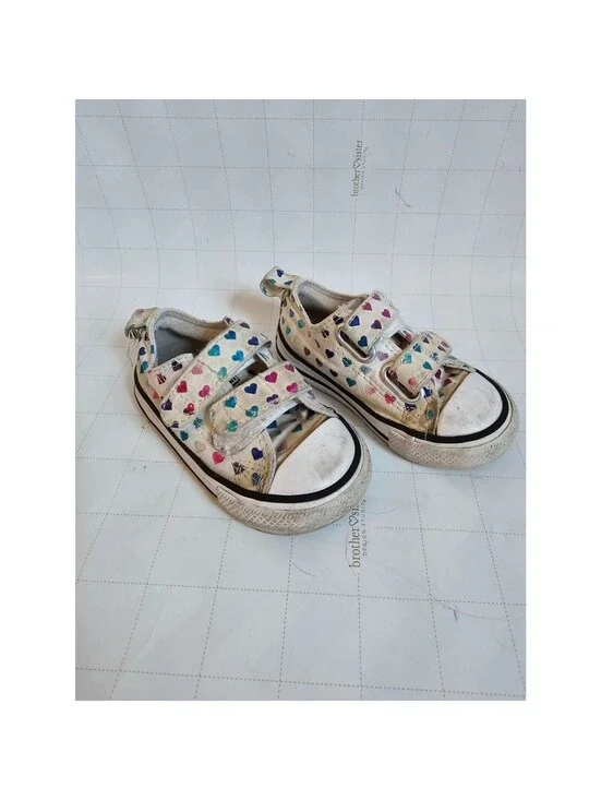 Converse All Star Toddler Shoes Size 5 White Heart Print Hook Loop