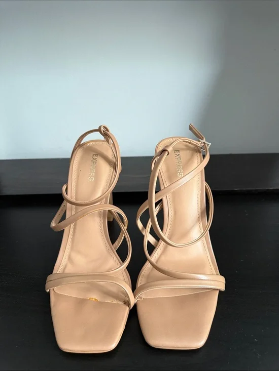 Express Beige Strappy Square-Toe Heeled Sandals