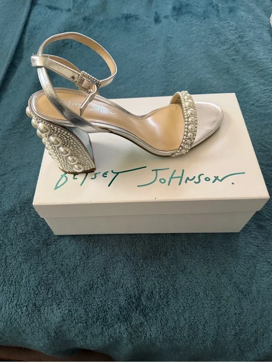 Betsey Johnson Silver Pearl-Embellished Block Heel Sandals