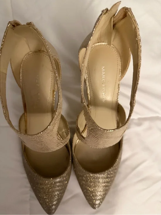 Marc Fisher Glitter Gold Pointed-Toe Ankle-Strap Heels