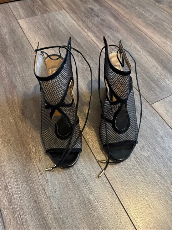 Aquazzura Black Mesh Lace-Up Peep Toe Heels