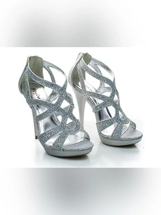 Abyss Silver Rhinestone Sparkling Cut Out Strappy Stiletto Dress Sandals Sz 10