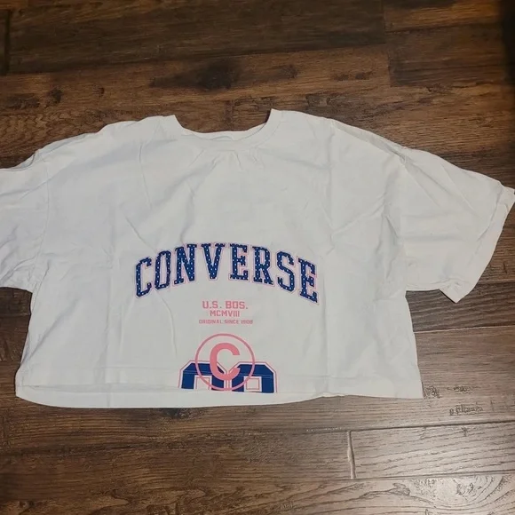 Converse White Cropped Tee with Blue and Pink Logo