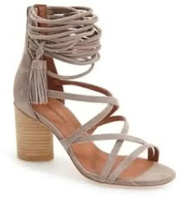 Jeffrey Campbell Despina Taupe Suede heels sz 8 strappy boho w/tassel /zipper