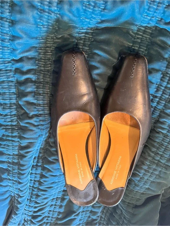 Adrienne Vittadini Black Leather Slip-On Flats with Tan Insole