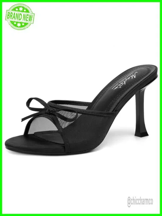 Kitten Heels Round Toe Bow Vintage Mules Slip on Stiletto Backless Sandals