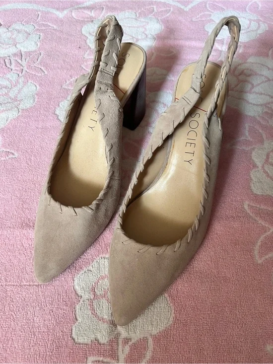 Sole Society Taupe Braided Slingback Block Heel Pumps