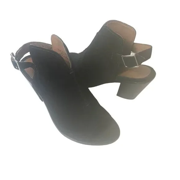 Frye Black Suede Ankle Bootie High Heels Wrap Women's Size 8.5 B Peep Toe Buckle
