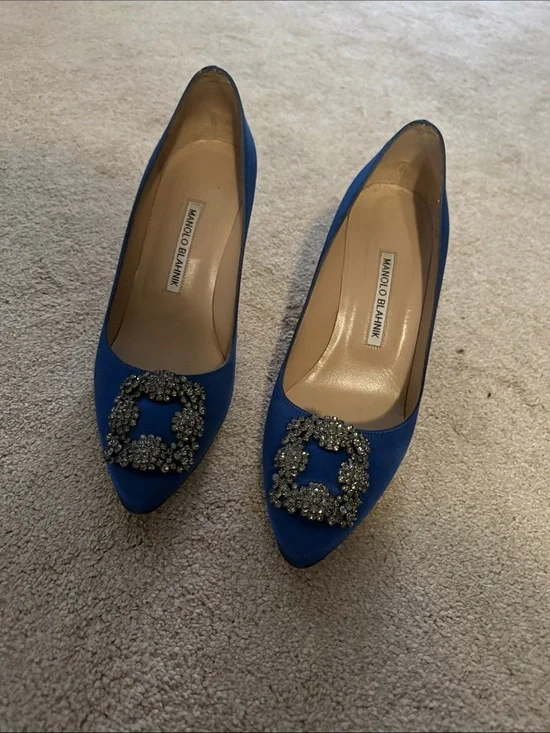 Manolo Blahnik Royal Blue Crystal-Buckle Pointed Pumps