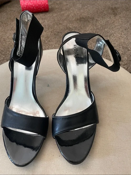 Kelly & Katie Black Open-Toe Velcro Ankle-Strap Heels with Patent Toe