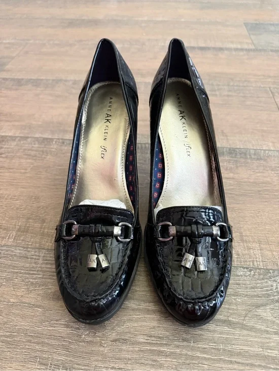Anne Klein Black Patent Croc-Embossed Loafers with Metallic Accents