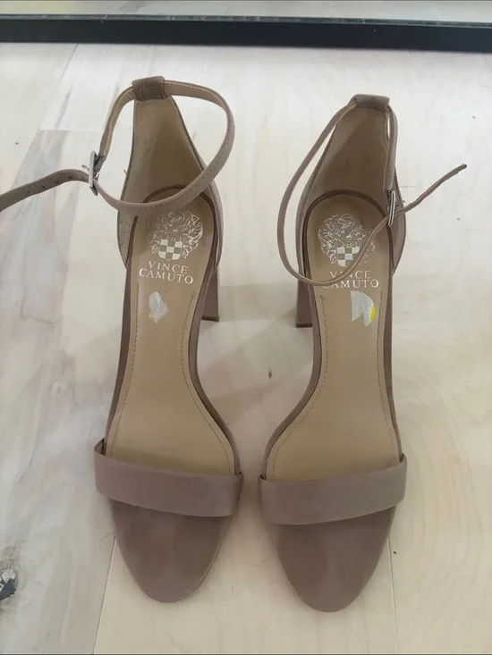 Vince Camuto Taupe Suede Ankle-Strap Block Heel Sandals