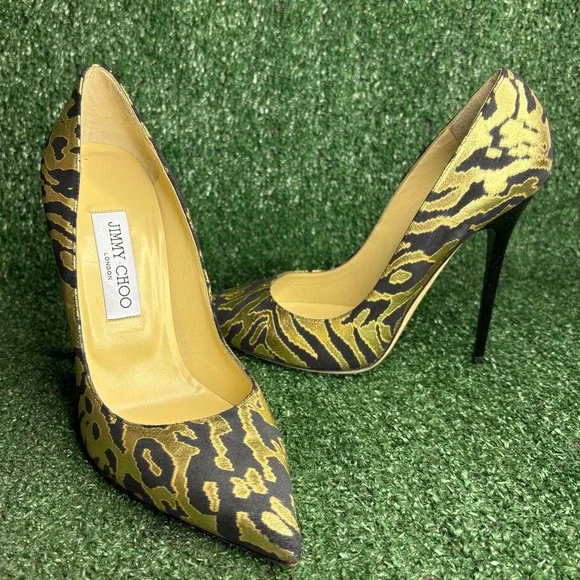 NEW Jimmy Choo‎ Anouk Animal Print Metallic Stiletto Heel Pumps Gold Womens Sz 8
