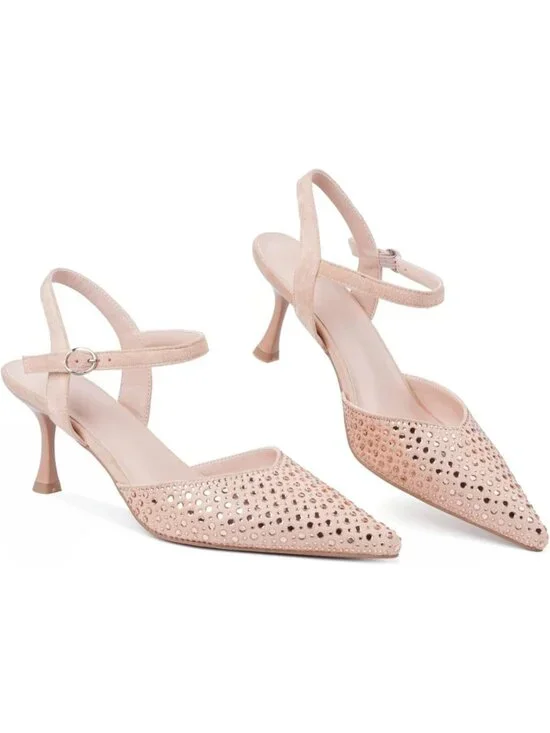 Women Pink_rhinestone Slingback Kitten Pointed Closed Toe Pump Low Stiletto Heel