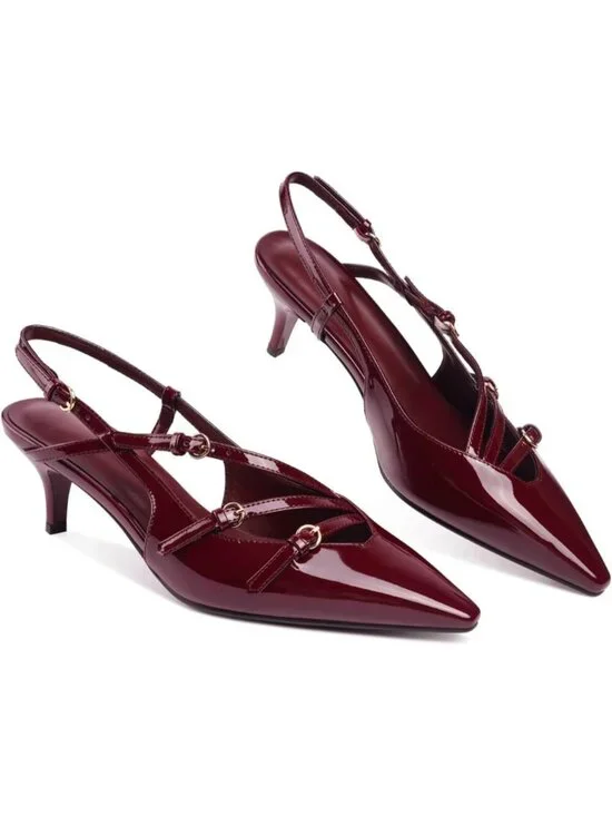 Women's Burgundy Slingback Kitten Pointed Closed Toe Pumps Low Stiletto Heels