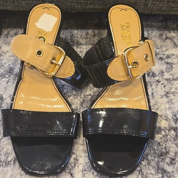 Franco Sarto Black and Tan Heeled Sandals With Buckle