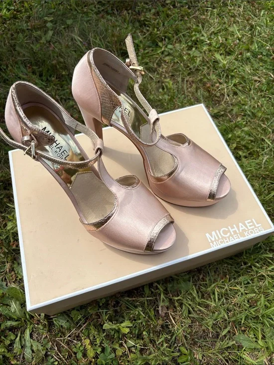 MICHAEL Michael Kors Rose Gold T-Strap Peep-Toe Heels