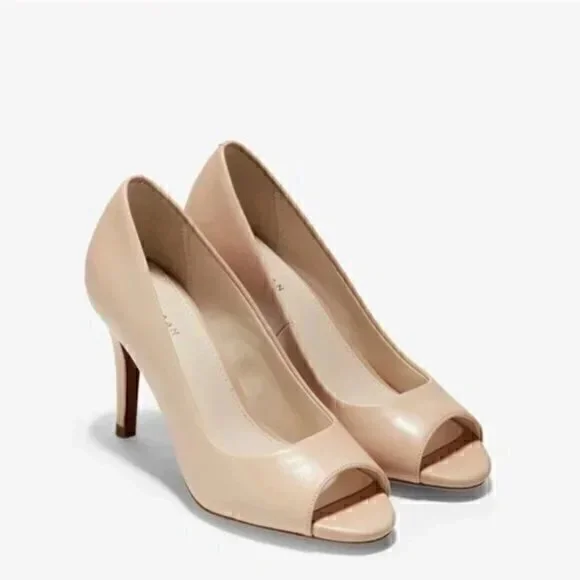 Cole Haan Women's Harlow Open Toe Pump Patent Leather Nude Size 10