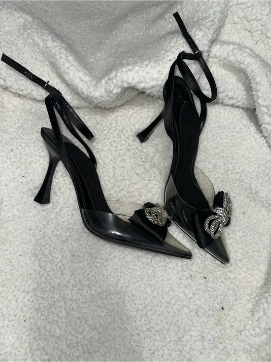 Primark Black Rhinestone Bow Pointed-Toe Slingback Heels