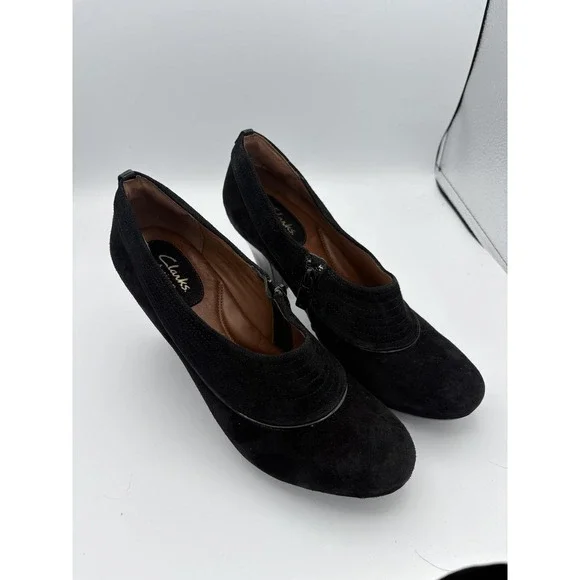 Clarks Shoes Womens Size 9.5 Black Suede Zip Cone Heel Dress‎ Pumps Artisan