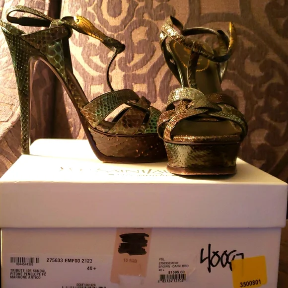 Yves Saint Laurent Green Brown Snakeskin Platform Heels