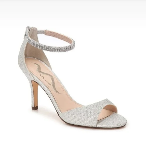 Nina Varetta Silver Bliss Heels with Glitter Sparkle Rhinestone Open Toe Size 10