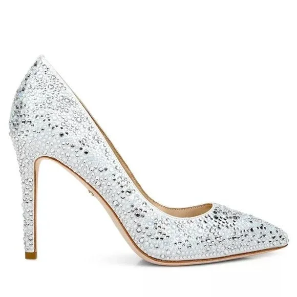 Badgley Mischka Size 8 Bethany Jeweled Stiletto White Satin‎ Pumps Heels Shoes