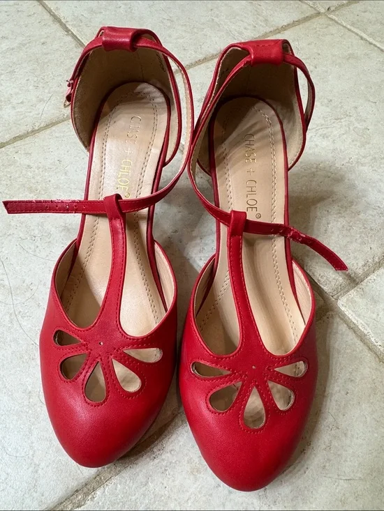 Chase + Chloe Red T-Strap Cutout Heels