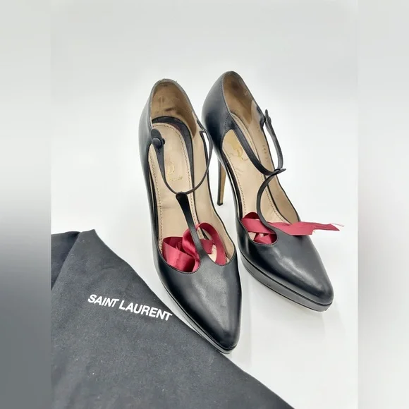 YSL Mary‎ Jane Pumps Black Leather 40 US 10 Yves Saint Laurent Heels Rive Gauche