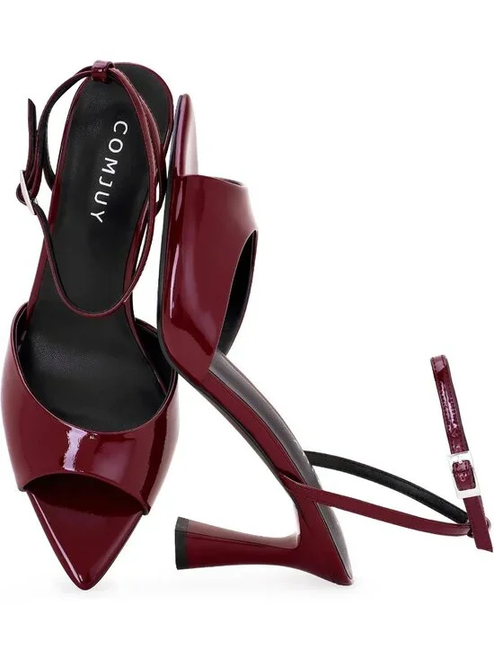Women's Burgundy Peep Pointed Toe Kitten Leather Sandals Strappy Flared Heels
