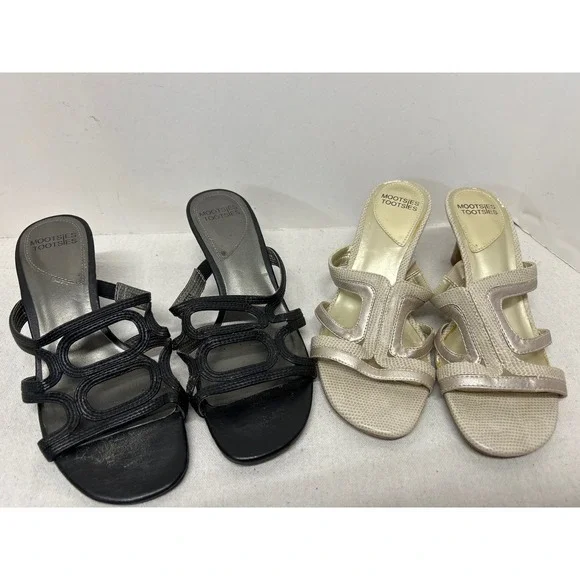 Two Vintage Y2K Mootsies Tootsies Women's Shoes 7.5‎ Black & Gold Heeled Sandals