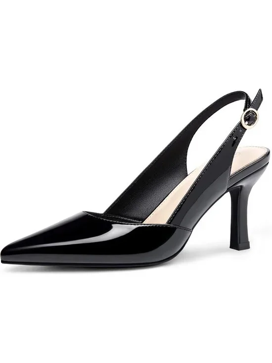 Women's Black Patent Slingback Kitten Heels Closed Pointed Toe Dress Pumps Shoes