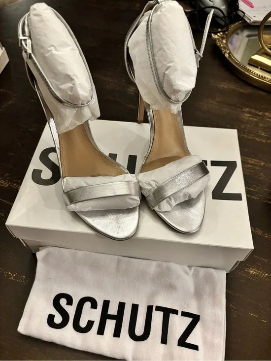 SCHUTZ Metallic Silver Strappy Stiletto Heels