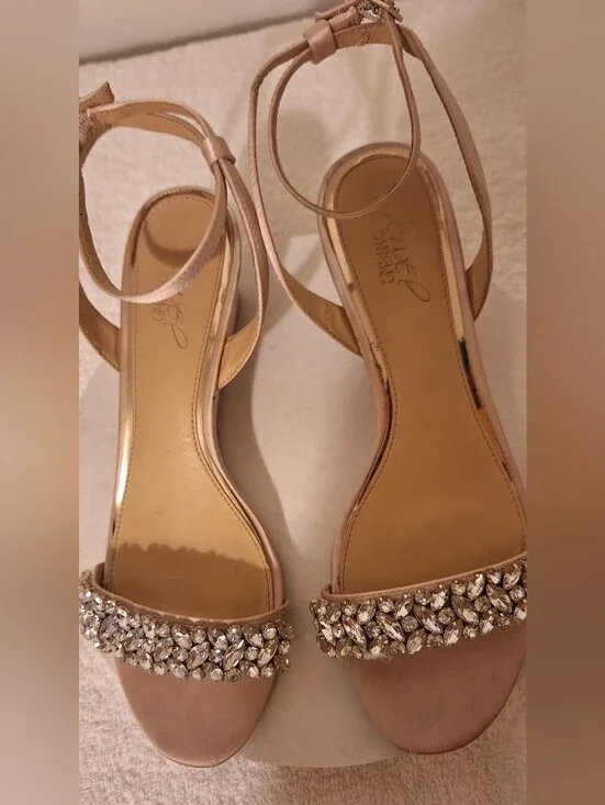 Jewel Badgley Mischka Champagne Satin. Crystal-Strap Open-Toe Sandals