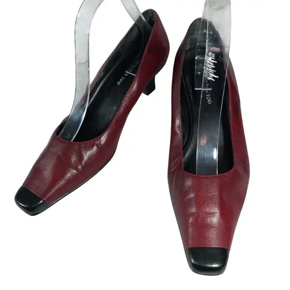 SACHA TOO! BURGUNDY & BLACK GENUINE LEATHER NIP TOE MODIFIED KITTEN HEELS! SZ 8M