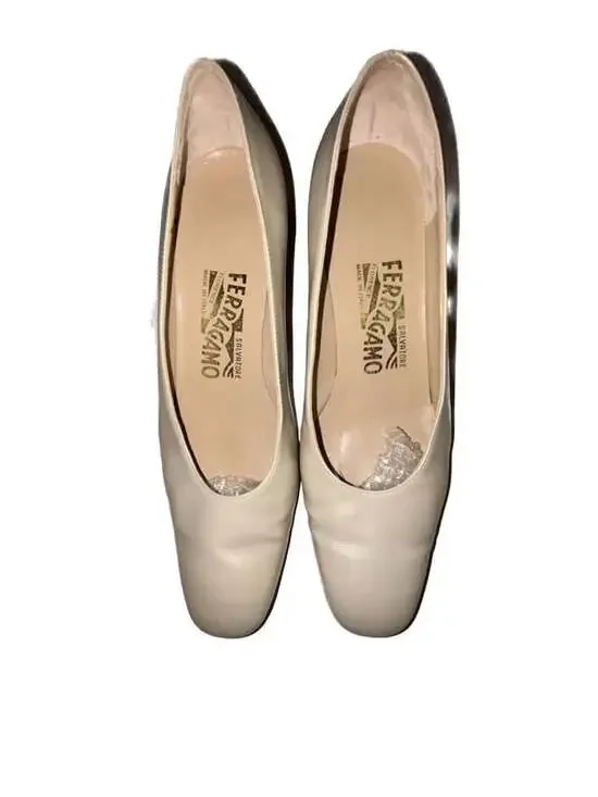 Salvatore Ferragamo Beige Leather Low Heel Square Toe Pumps
