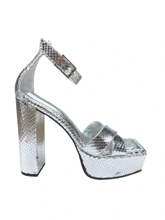 Good American Silver Snake Embossed Open Toe Platform Sandals - Size 8