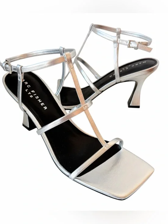 Marc Fisher Dennie Strappy Leather Dress Sandal In Metallic Silver Size 10 NIB