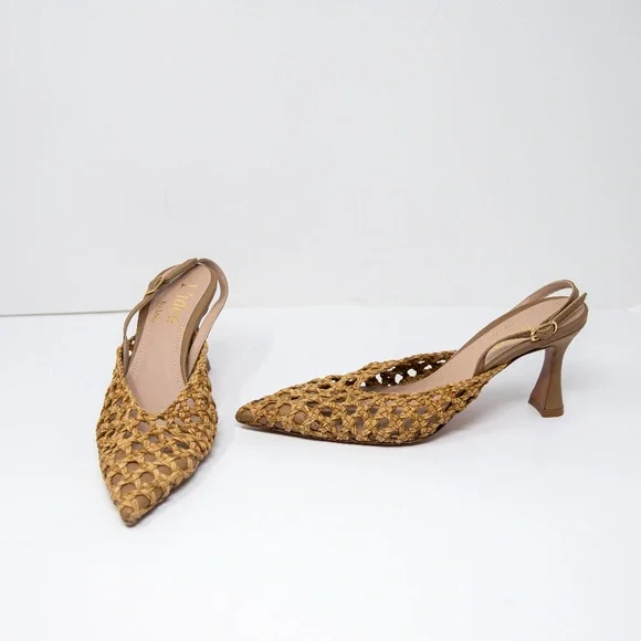 Woven Pointed Slingback Heels in Tan